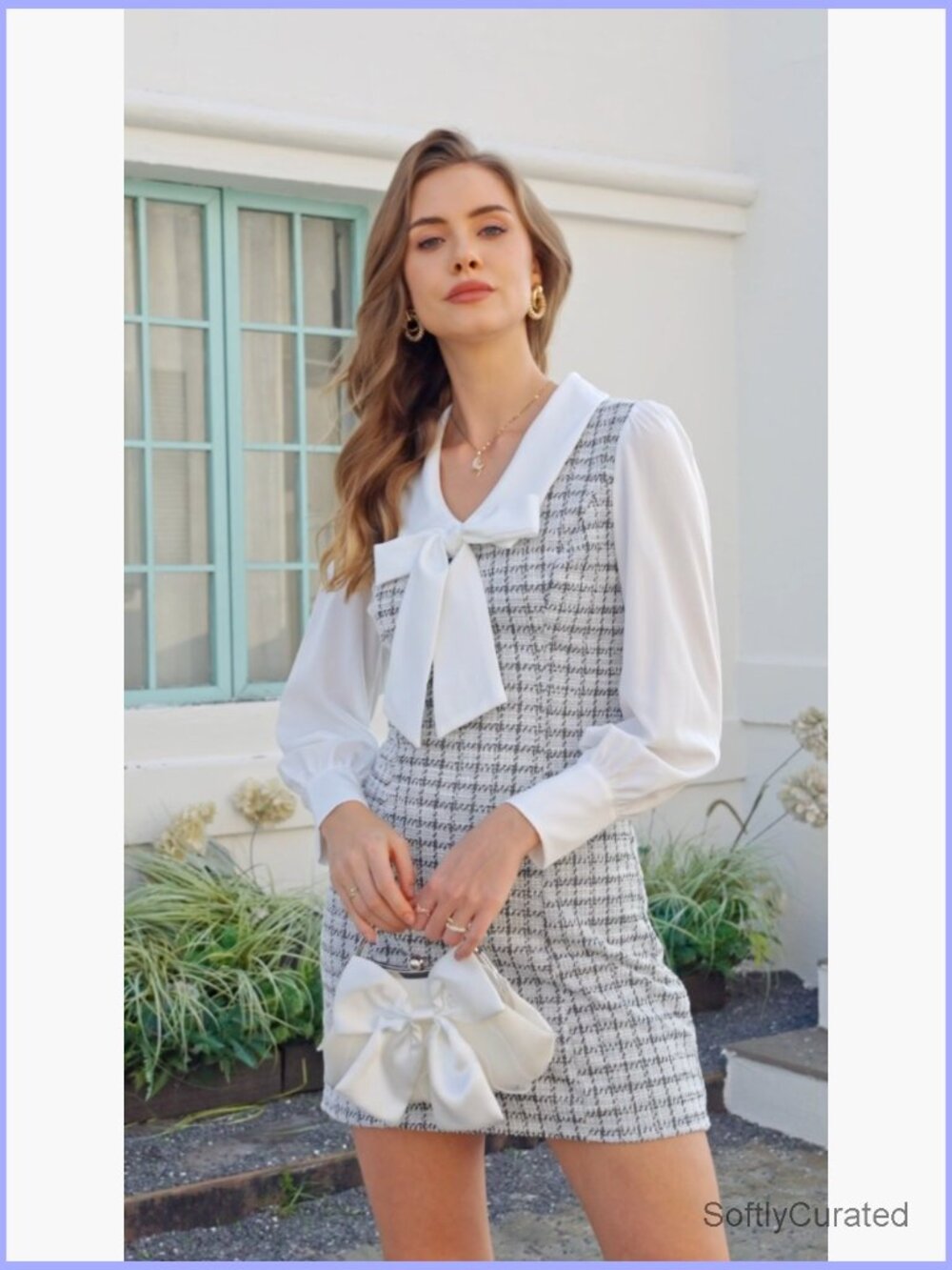 Elegant Plaid Tweed Dress Bow Front Lantern Long Sleeve 2 in 1 Mini - Picture 6 of 6